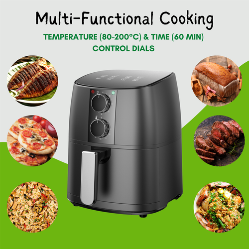 Multifunctional cooking appliance with temperature and time control dials, surrounded by images of cooked foods.